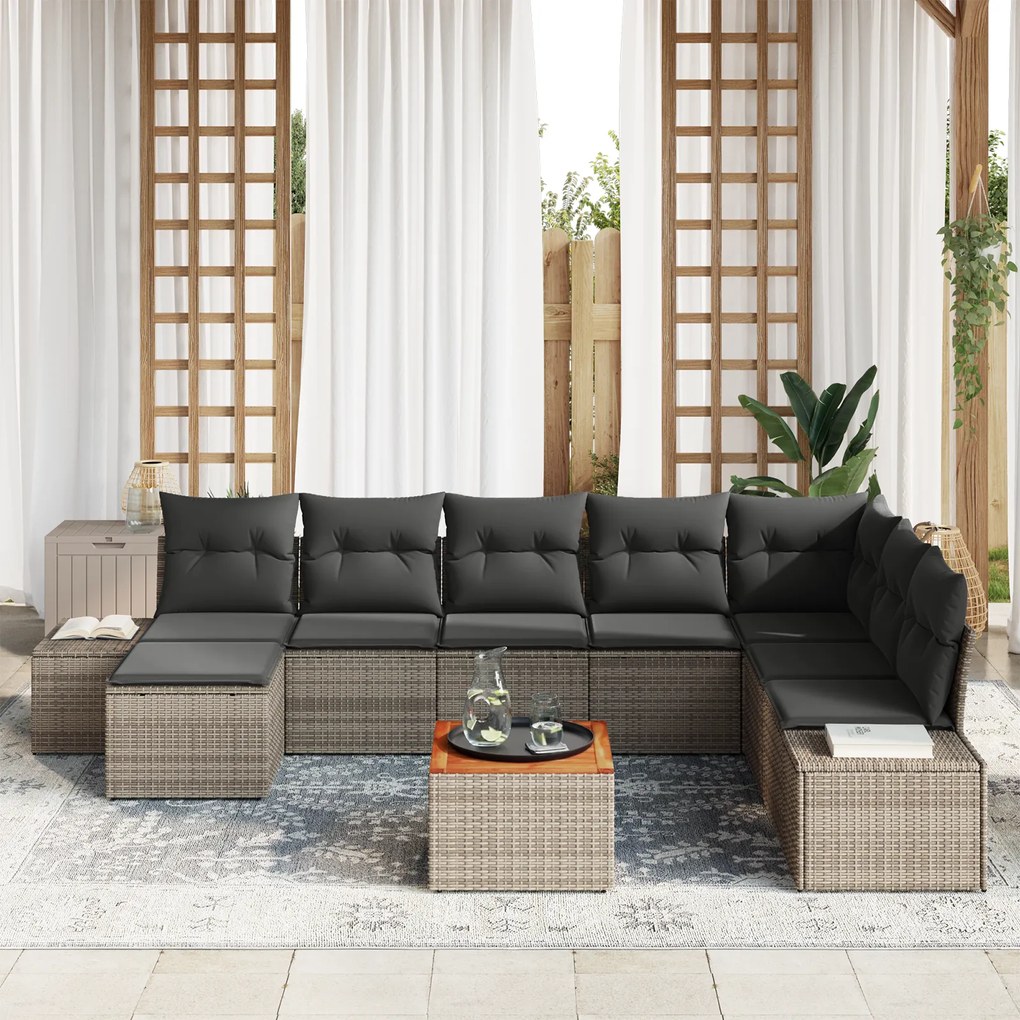 vidaXL Σετ Καναπέ Κήπου 9 pcs Γκρι Ψάθα, Υφασμάτινα υλικά
