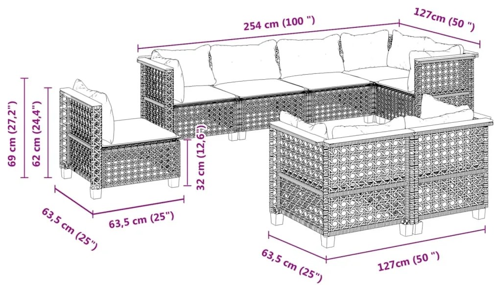 vidaXL Σαλόνι Κήπου 8 Τεμαχίων Μαύρο από Συνθετικό Ρατάν με Μαξιλάρια