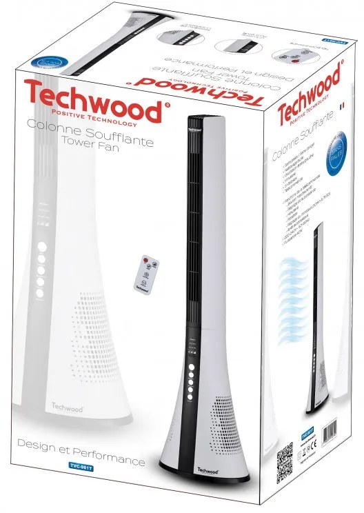 Ανεμιστήρας πύργου Techwood TVC-981T, 40W, ταλάντωση, 3 ταχύτητες, χρονοδιακόπτης, λευκό
