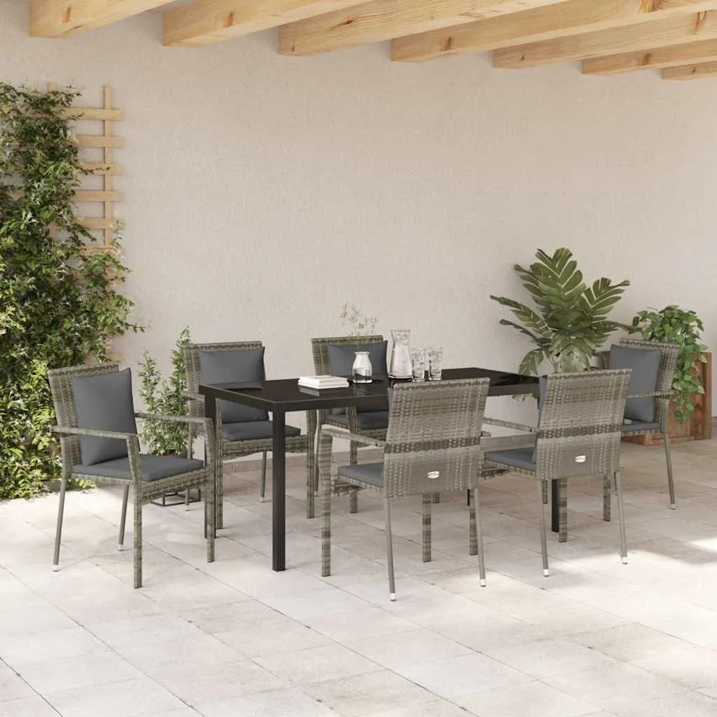 vidaXL Σέτ φαγητού για κήπο με μαξιλάρι 7 pcs Γκρι Πολυ ράταν