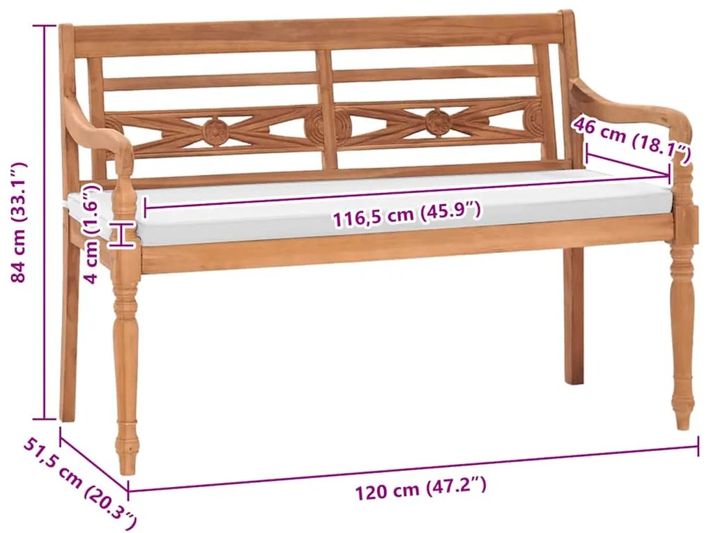 vidaXL Παγκάκι Batavia 120 εκ. από Ξύλο Teak με Μαξιλάρια