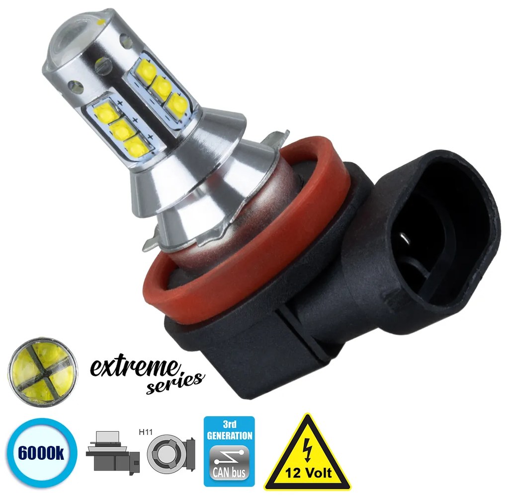 GloboStar® 81441 Λάμπα Αυτοκίνητου H16 3rd Generation Can-Bus Extreme Series LED 16 CREE XBD 15W 2115lm 360° DC 12V IP20 Ψυχρό Λευκό 6000K