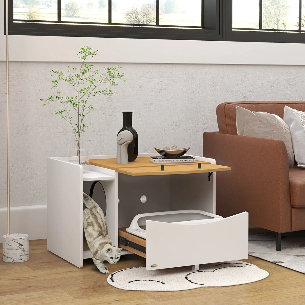 PawHut Έπιπλο Κρυψώνας για Γάτες, Συρταρωτό, Σχεδιασμός Ντουλαπιού, Δίσκος Απορριμμάτων, 78x50x51cm, Δρυς/Λευκό