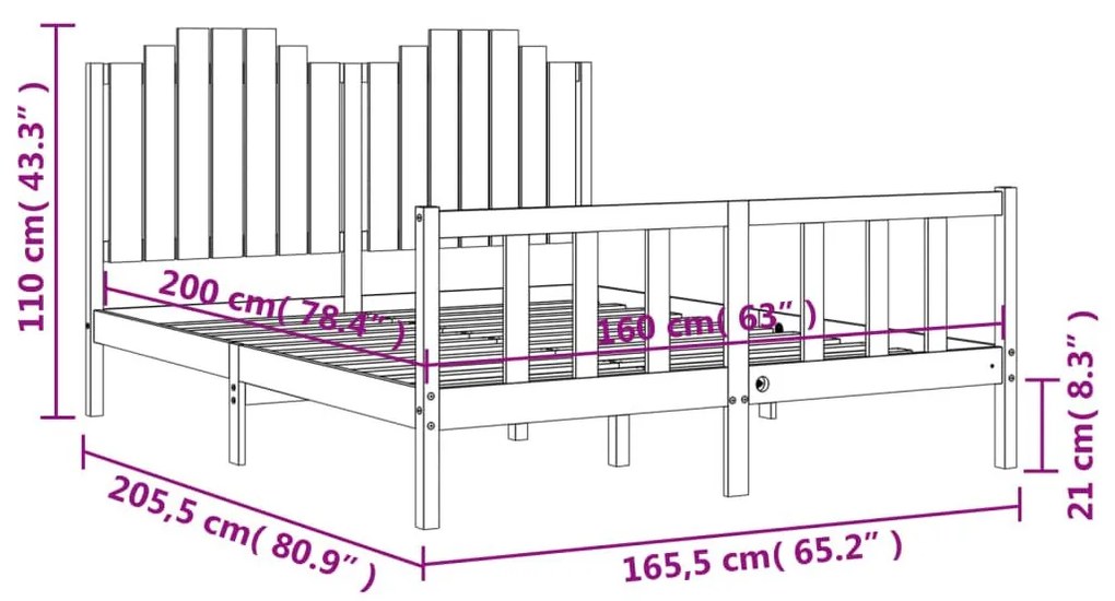 Πλαίσιο Κρεβατιού με Κεφαλάρι Μαύρο 160 x 200 εκ. Μασίφ Ξύλο - Μαύρο