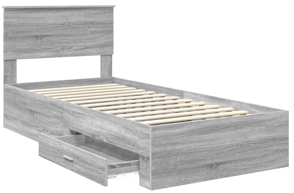 vidaXL Σκελετός Κρεβατιού με συρτάρι Γκρι Σονομά και Ασημί 75 x 190 cm