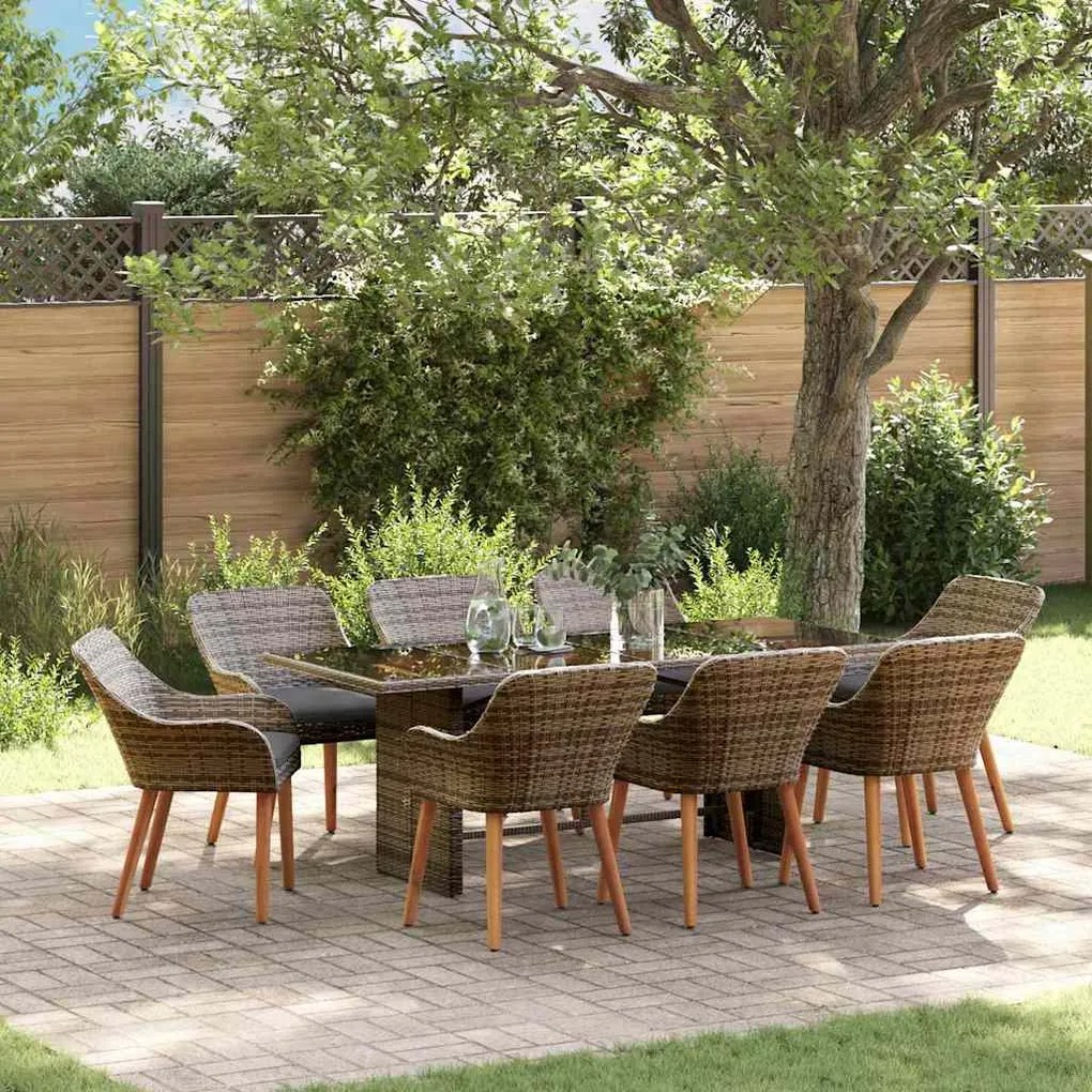 vidaXL Σέτ φαγητού για κήπο με μαξιλάρι 9 pcs Γκρι συνθετικό ρατάν