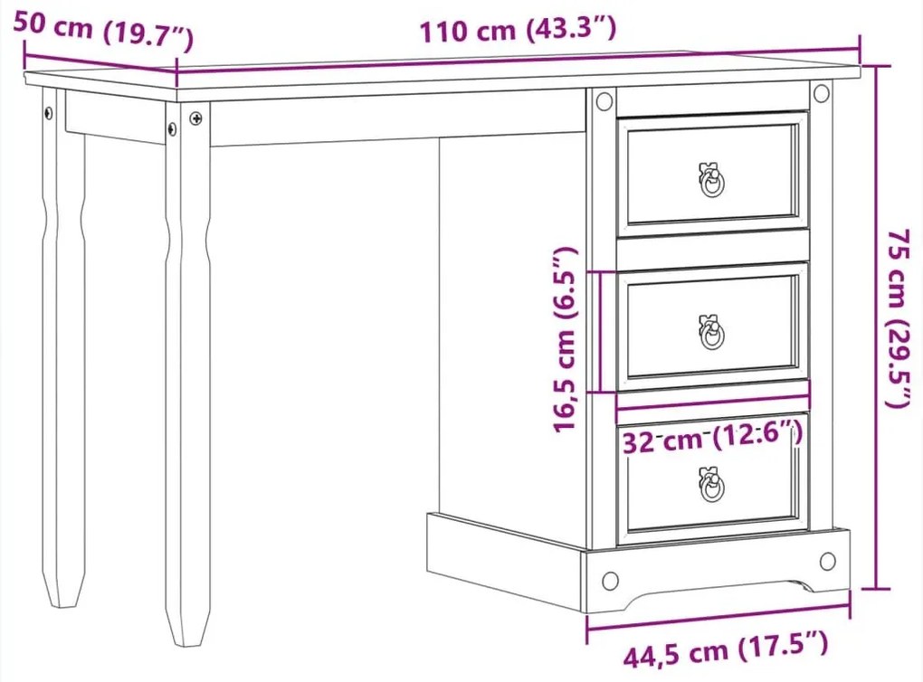 Μπουντουάρ Corona 110 x 50 x 75 εκ. από Μασίφ Ξύλο Πεύκου - Καφέ