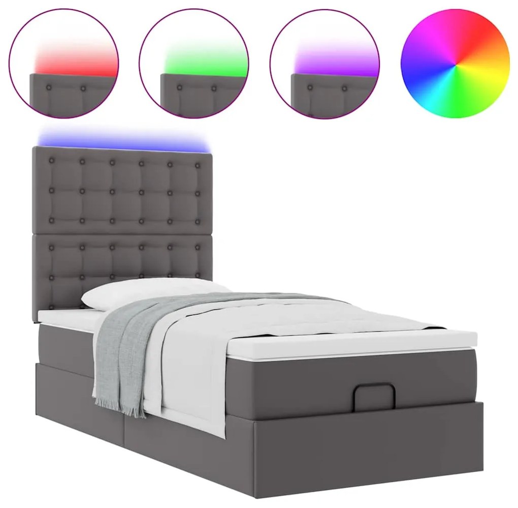 vidaXL Οθωμανικό κρεβάτι με στρώμα & LEDs Grey 100x200cm Faux Leather