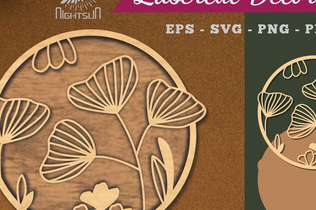 Σετ των 2 Intra απο ξύλο plywood 3mm-4mm πάχος - Λουλούδια Στρογγυλή διακόσμηση κομμένη με λέιζερ 1 Δίασταση 20x20 cm INTRAFABR-112909740