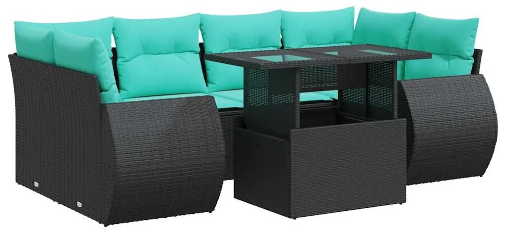 vidaXL Καναπές Σετ 7Τεμαχίων Μαύρο Συνθετικό Ρατάν με Μαξιλάρια Ακακία