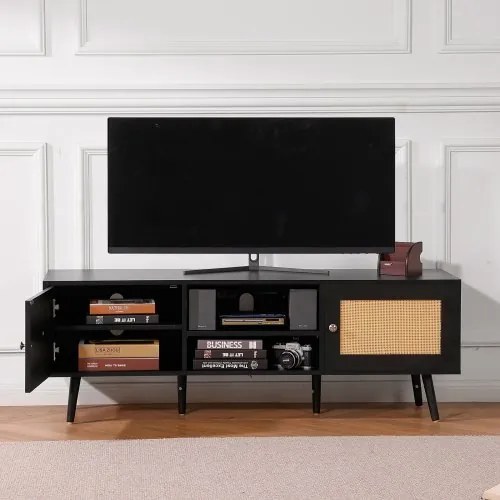VEVOR Rattan TV Stand for 65&quot; TV Boho TV Stand with Build-in Socket Black