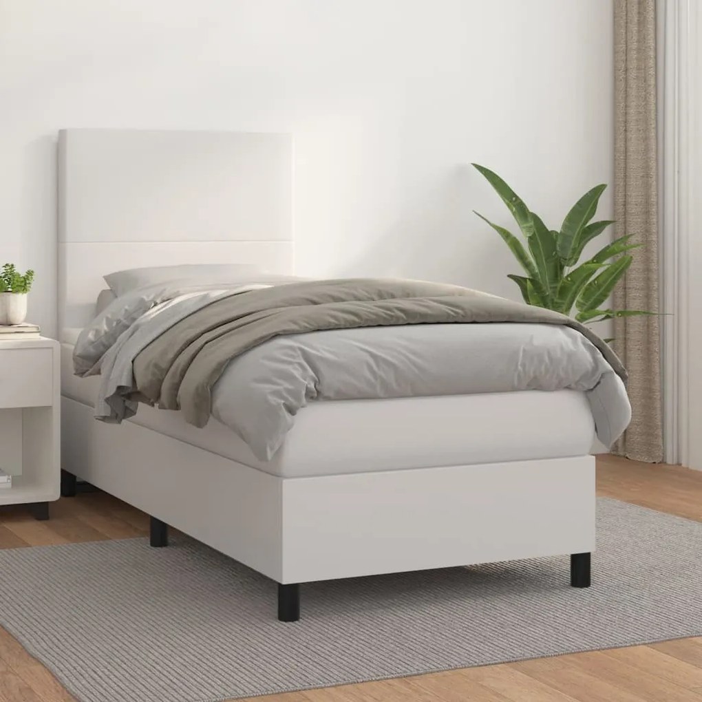 vidaXL Κρεβάτι Boxspring με Στρώμα Λευκό 100x200εκ.από Συνθετικό Δέρμα