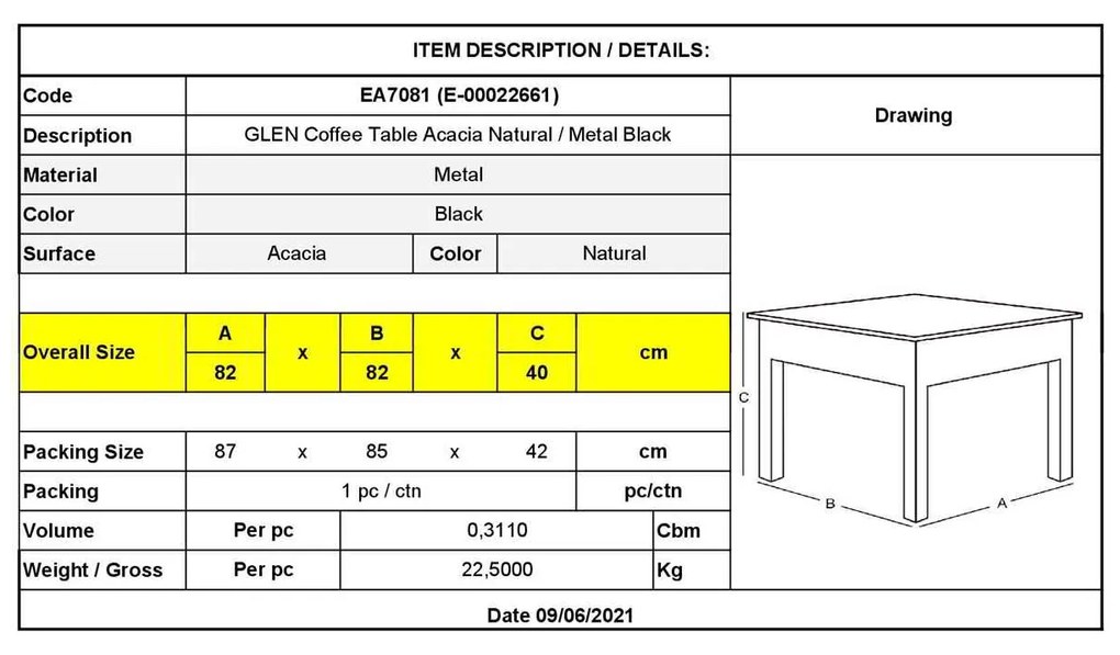 τραπεζάκι σαλονιού GLEN Steel Μαύρο/Ξύλο Ακακία Φυσικό 82x82x40cm
