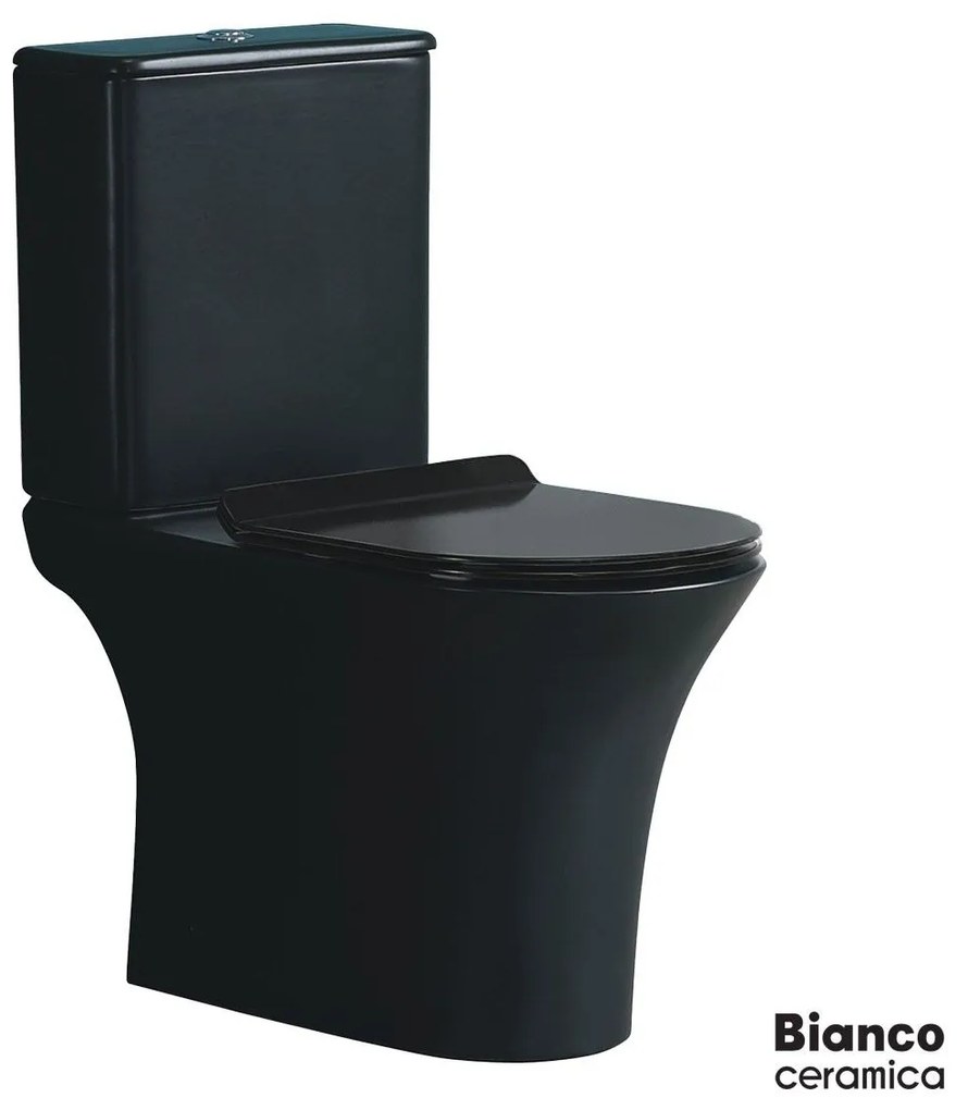 Bianco Ceramica Aida Λεκάνη Rimless κομπλέ Χαμηλής Πίεσης 65εκ με κάλυμμα βακελίτη Slim Soft Close αποσπώμενο Black Matt
