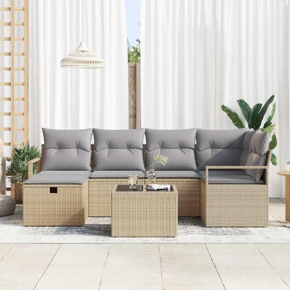 vidaXL Σετ Καναπέ Κήπου με μαξιλάρι 7 pcs Μπεζ Πολυ ράταν