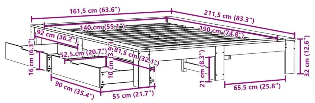 Σκελετός Κρεβατιού Χωρίς Στρώμα Καφέ 140x190 Μασίφ Ξύλο Πεύκου - Καφέ