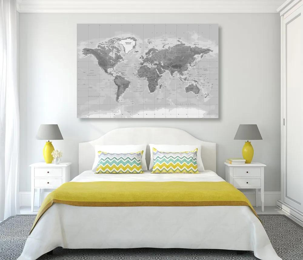 Εικόνα στο φελλό ενός όμορφου ασπρόμαυρου παγκόσμιου χάρτη - 120x80  color mix