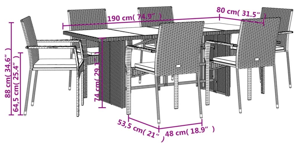 vidaXL Σετ Τραπεζαρίας Κήπου 7 τεμ. Γκρι Συνθ. Ρατάν με Μαξιλάρια