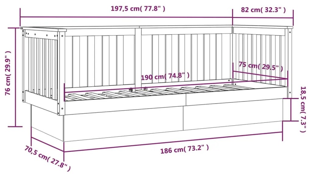 Κρεβάτι ημέρας χωρίς στρώμα 75x190 cm Στερεό ξύλο πεύκο - Καφέ