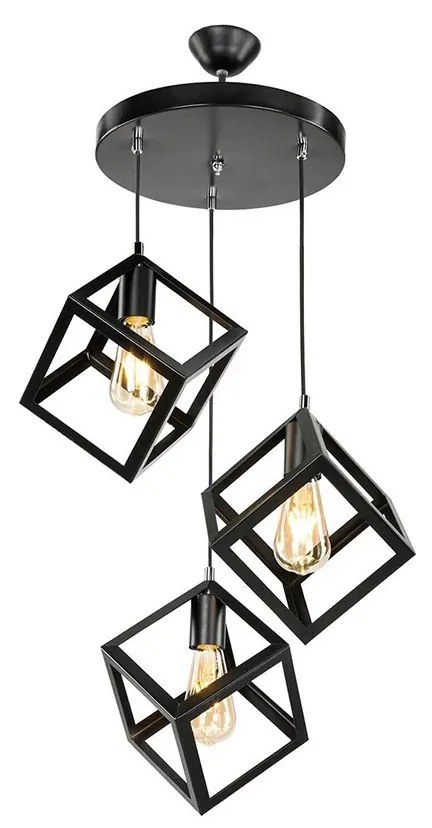 GloboStar® DISE 201-0051 Μοντέρνο Κρεμαστό Φωτιστικό Κύβος Τρίφωτο 3 x E27 IP20 Μαύρο Μέταλλο - Φ40 x Υ90cm
