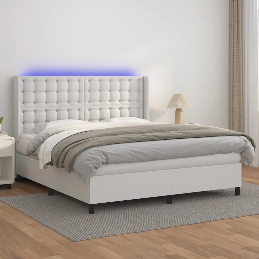 Κρεβάτι Boxspring με Στρώμα &amp; LED Λευκό 160x200 εκ. Συνθ. Δέρμα - Λευκό