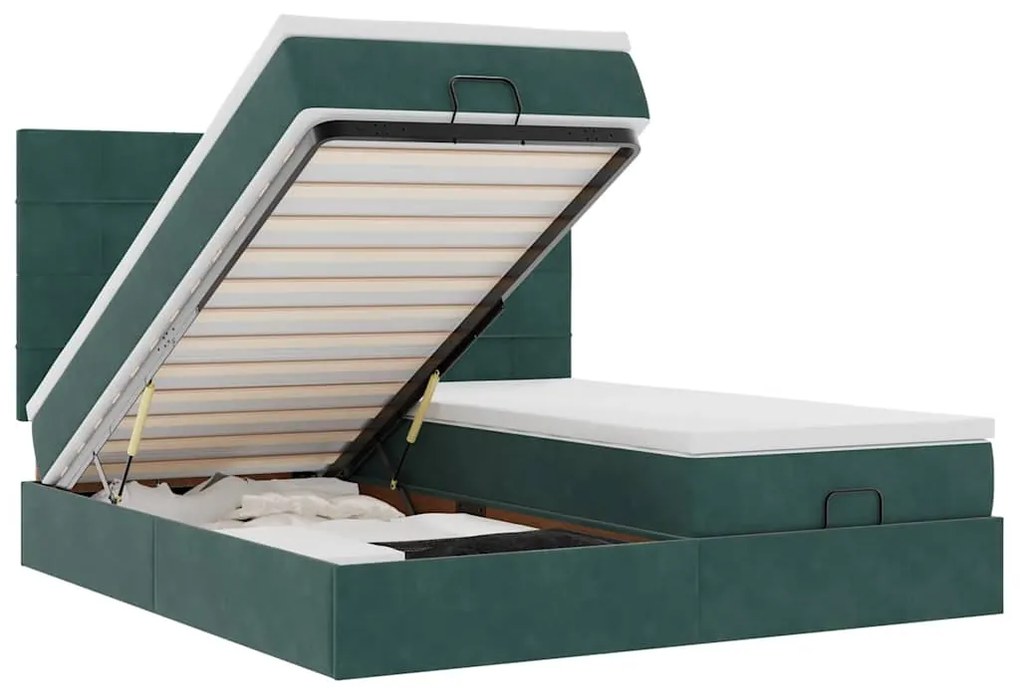 vidaXL Οθωμανικό κρεβάτι με στρώματα &amp; LEDs Σκούρο πράσινο Βελούδο