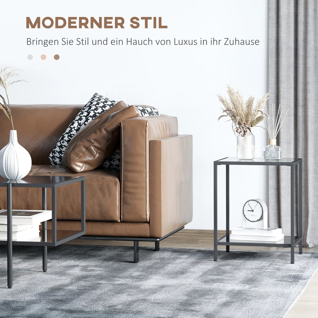 HOMCOM Τραπεζάκι σαλονιού με σκληρυμένα γυάλινα ράφια, 2 επίπεδα, κλασικό σχέδιο με μεταλλική δομή, μαύρο