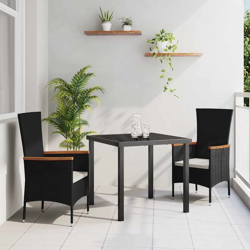 vidaXL Σέτ φαγητού για κήπο με μαξιλάρι 3 pcs Μαύρο Πολυ ράταν