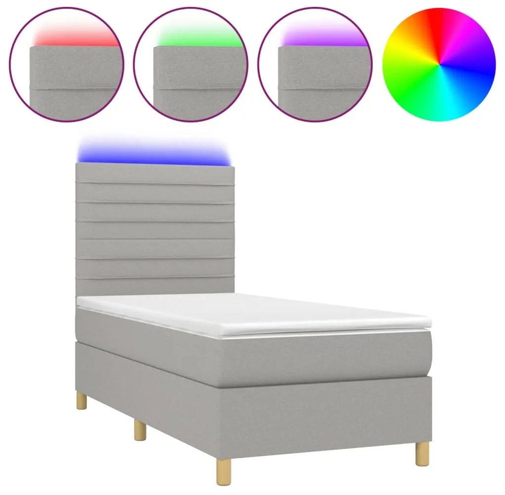 vidaXL Κρεβάτι Boxspring με Στρώμα & LED Αν.Γκρι 80x200 εκ. Υφασμάτινο