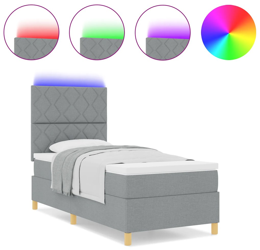 vidaXL Κρεβάτι Box Spring με Στρώμα & Φωτισμό LED Γκρι 90x200 εκ. Υφασμάτινο