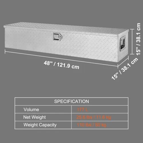 VEVOR Heavy Duty Aluminum Truck Bed Tool Box, Diamond Plate Tool Box with Side Handle and Lock Keys, Storage Tool Box Chest Box Organizer for Pickup, Truck Bed, RV, Trailer, 48&quot;x15&quot;x15&quot;, Silver