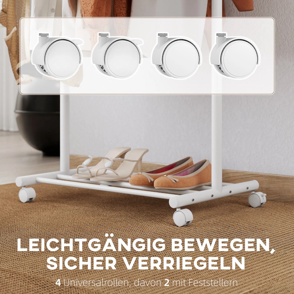 HOMCOM Βάση Ρούχων με Ρόδες, Κινητή Κρεμάστρα Ρούχων με Μπάρα Ρούχων, 5 Γάντζοι, Ράφι Παπουτσιών Λευκό