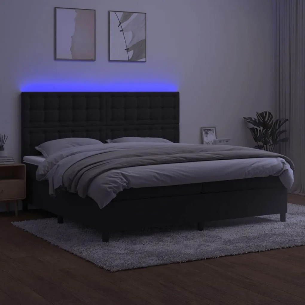 Κρεβάτι Boxspring με Στρώμα &amp; LED Μαύρο 200x200 εκ. Βελούδινο - Μαύρο