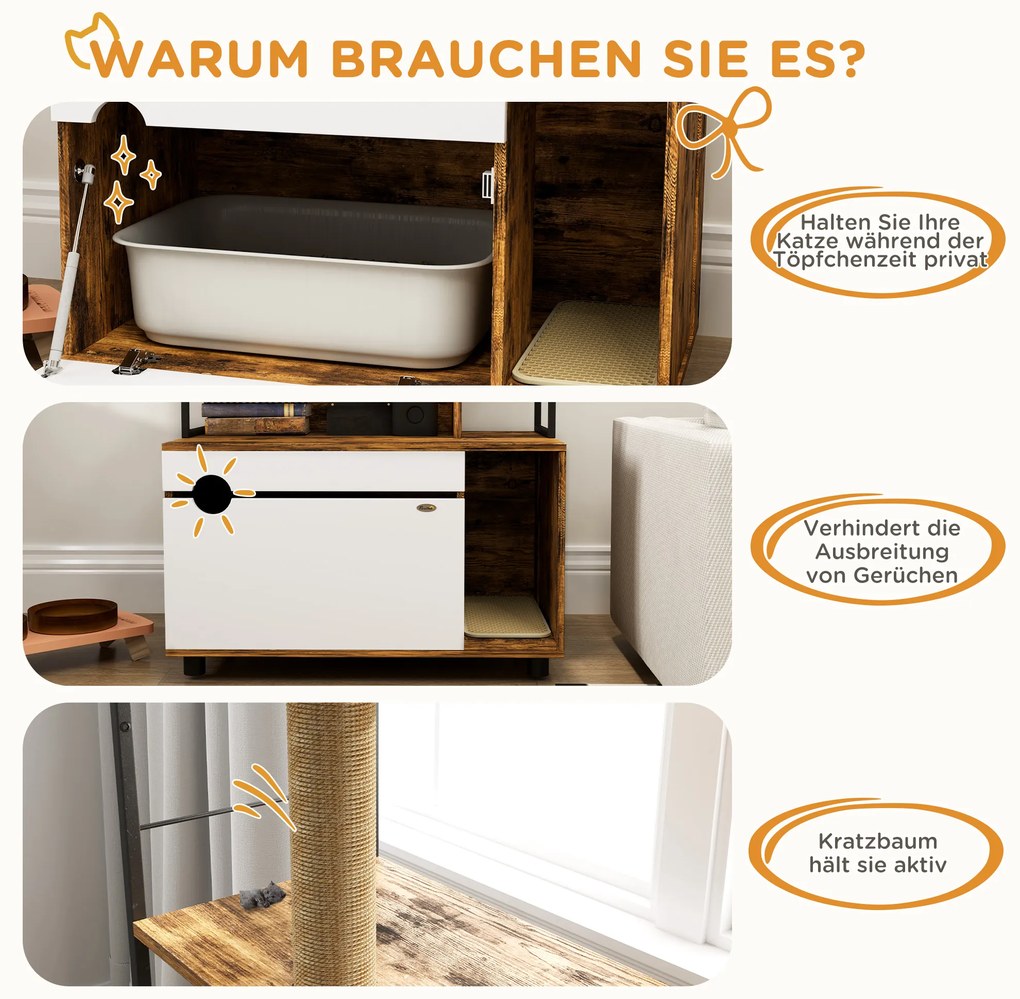 PawHut Γάτα τουαλέτα με ράφι 3 επιπέδων και στύλο ξυσίματος, κλειστή γάτα τουαλέτα, 80 x 48 x 152 cm, Καφέ