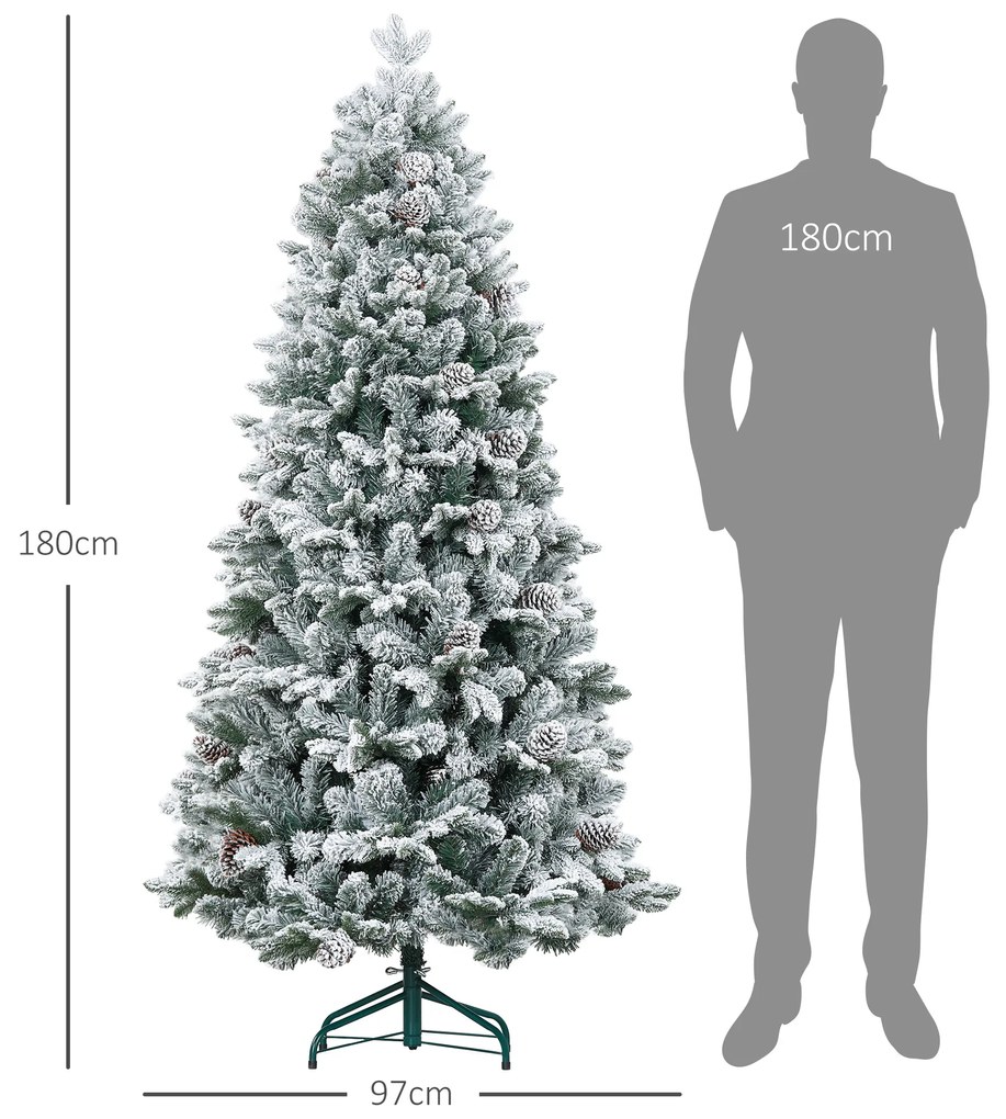 HOMCOM Χριστουγεννιάτικο Δέντρο, Τεχνητό Χιόνι & Κουκουνάρια, ρεαλιστικό, πυράντοχο, μεταλλική βάση, 183 cm, Πράσινο