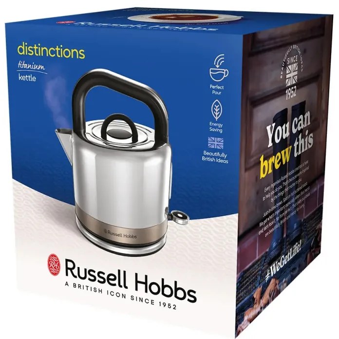 Ηλεκτρικός βραστήρας Russell Hobbs Distinctions Titanium 26422-70, 2400W, 1,5 l, γρήγορο βράσιμο, πλένεται φίλτρο κατά της αφαλάτωσης, βάση 360°, Protect, Inox/Titanium