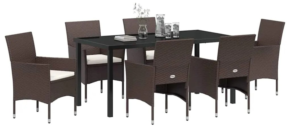vidaXL Σέτ φαγητού για κήπο με μαξιλάρι 7 pcs Καφέ Πολυ ράταν