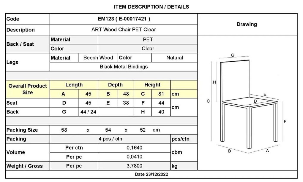 Καρέκλα Art Wood PC Clear 46x53x82cm (Σετ 4 ΤΕΜ)