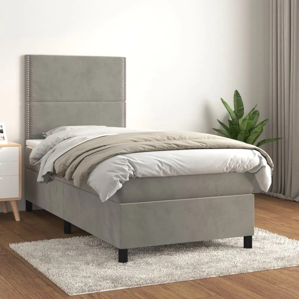 vidaXL Κρεβάτι Boxspring με Στρώμα Ανοιχτό Γκρι 90x200 εκ. Βελούδινο