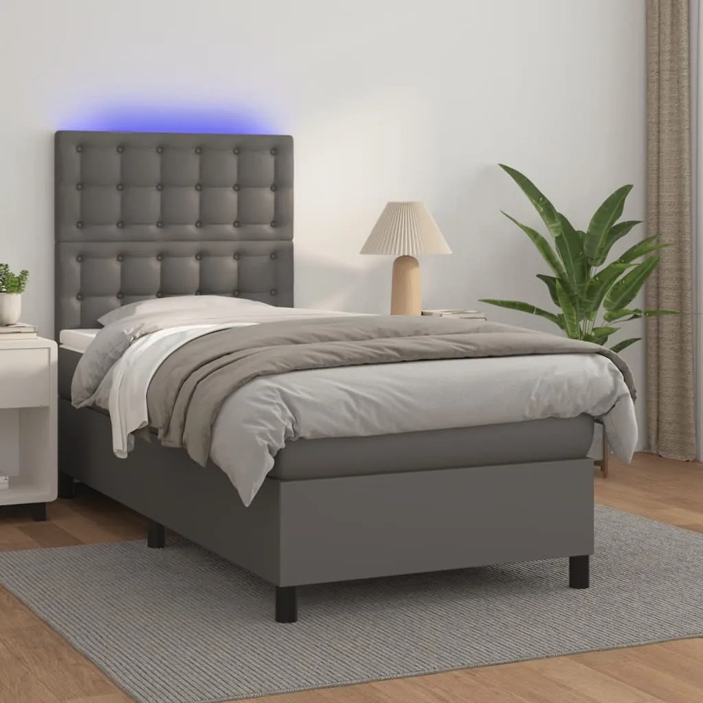 Κρεβάτι Boxspring με Στρώμα & LED Γκρι 90x200 εκ. Συνθ. Δέρμα