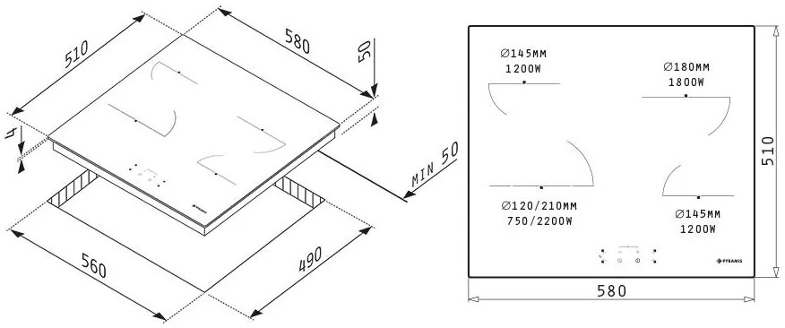 Εστία κεραμική Λευκή Pyramis Αφής PHC61510FMW 58x51x5 εκ.