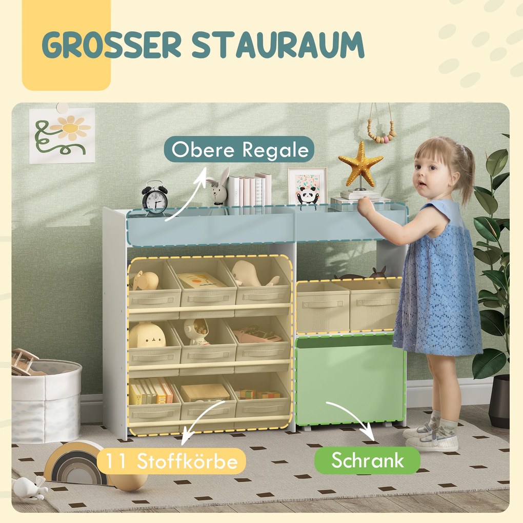 AIYAPLAY Παιδικό Ράφι Αποθήκευσης, Ντουλάπι παιχνιδιών για παιδιά με 11 υφασμάτινα κουτιά, επάνω ράφια, 3 αυτοκόλλητα, Λευκό