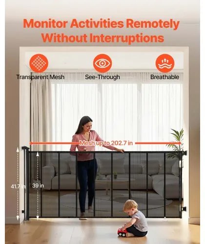 VEVOR Retractable Baby Gate, Extends to 5150 mm Extra Wide, 990 mm Tall, with Reinforced Fiberglass Strips, Avoids Crawling Through, Mesh Dog Gate for Decks, Doorways, Garages, Indoor, Black