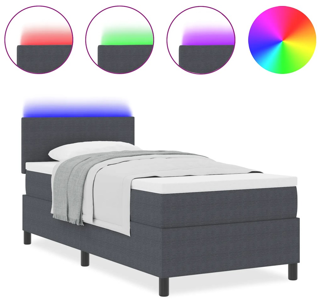 vidaXL Κρεβάτι Box Spring με Στρώμα & LED Σκούρο Γκρι 90x200 εκ Ύφασμα Κορντούρα
