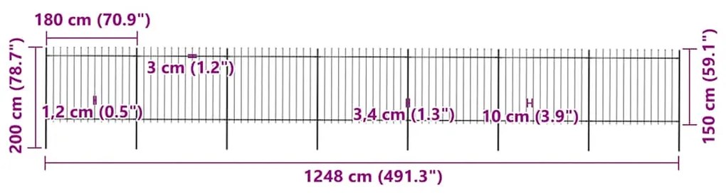 vidaXL Φράχτης Κήπου με Κορυφή Δόρυ Μαύρος Ατσάλινος 1248 x 150 εκ.