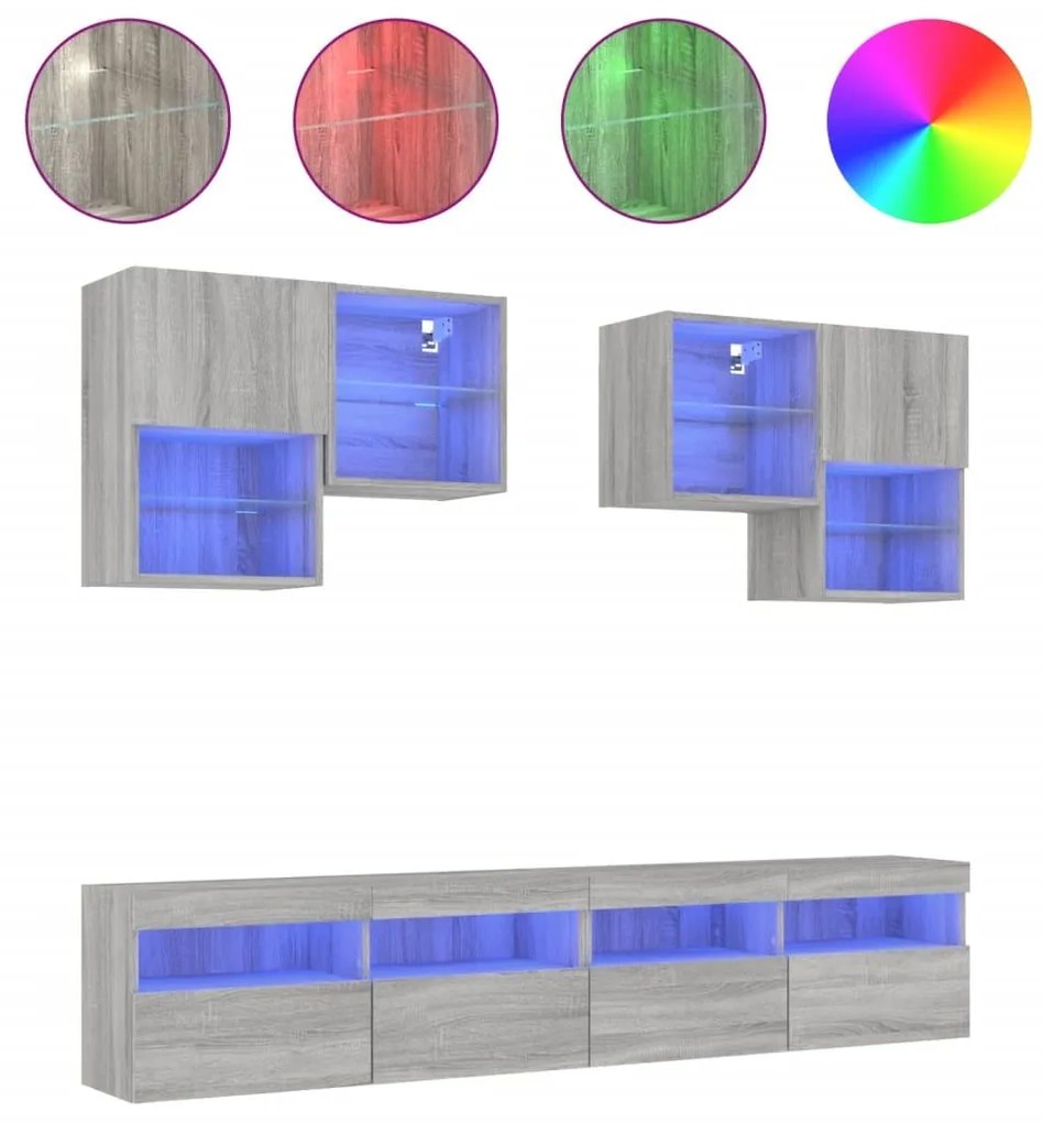 Ντουλάπια Τηλεόρασης Τοίχου Σετ 6 τεμ. με Φώτα LED Γκρι Sonoma - Γκρι