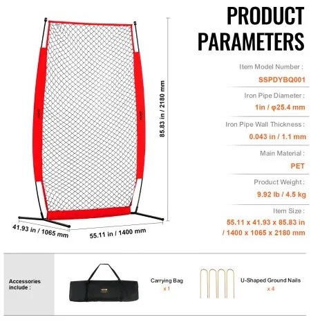VEVOR I Screen Baseball for Batting Cage, 7x4 ft Baseball & Softball Safety Screen, Body Protector Portable Batting Screen with Carry Bag & Ground Stakes, Baseball Pitching Net for Pitchers Protection