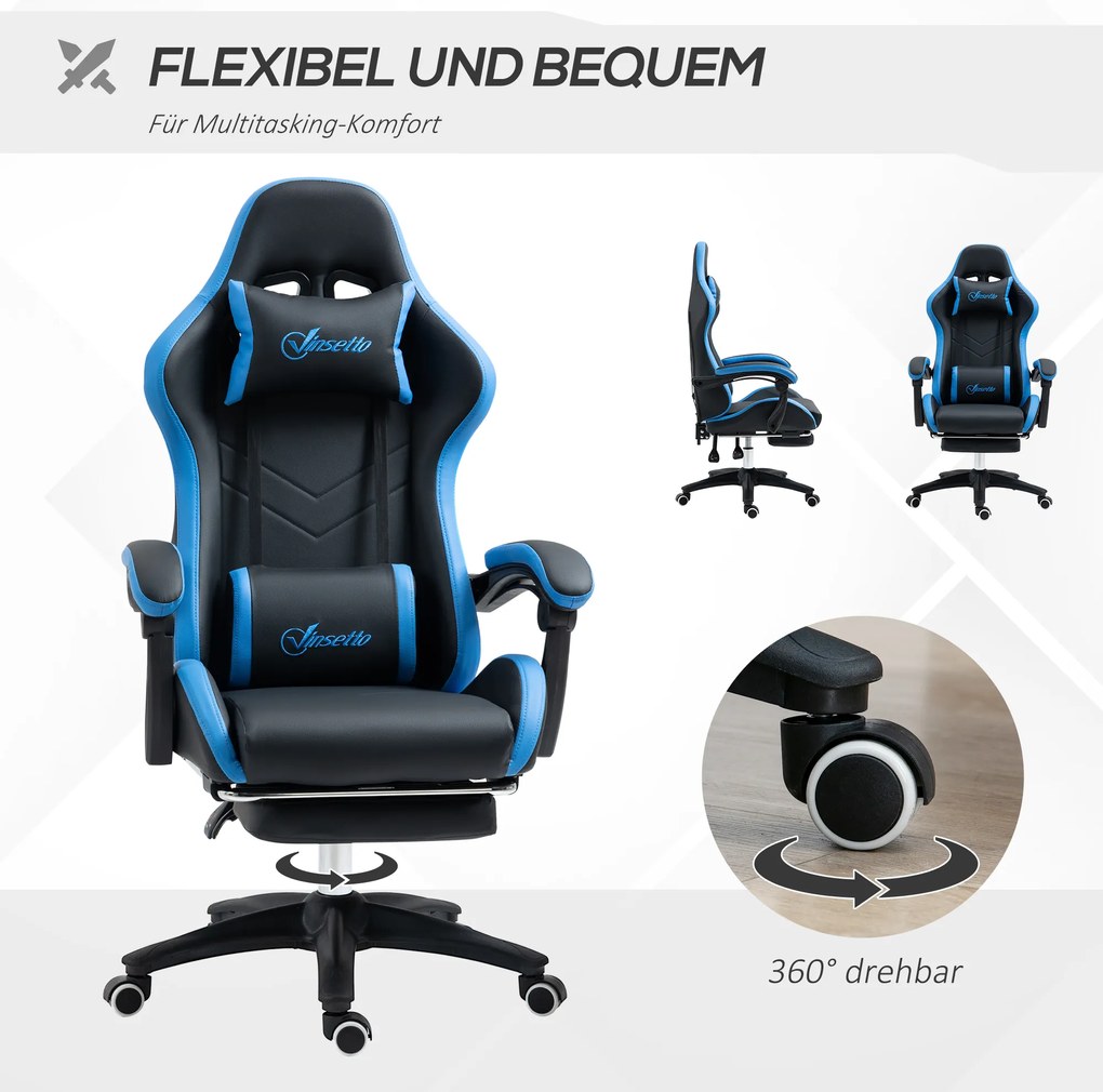 Vinsetto Bürostuhl, Gamingstuhl, 1 Kopfstütze, 1 Lendenstütze, Blau + Schwarz