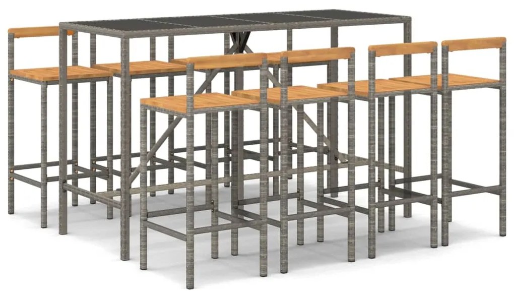 vidaXL Σετ Μπαρ Κήπου 9 Τεμαχίων Γκρι Συνθ. Ρατάν &amp; Μασίφ Ξύλο Ακακίας