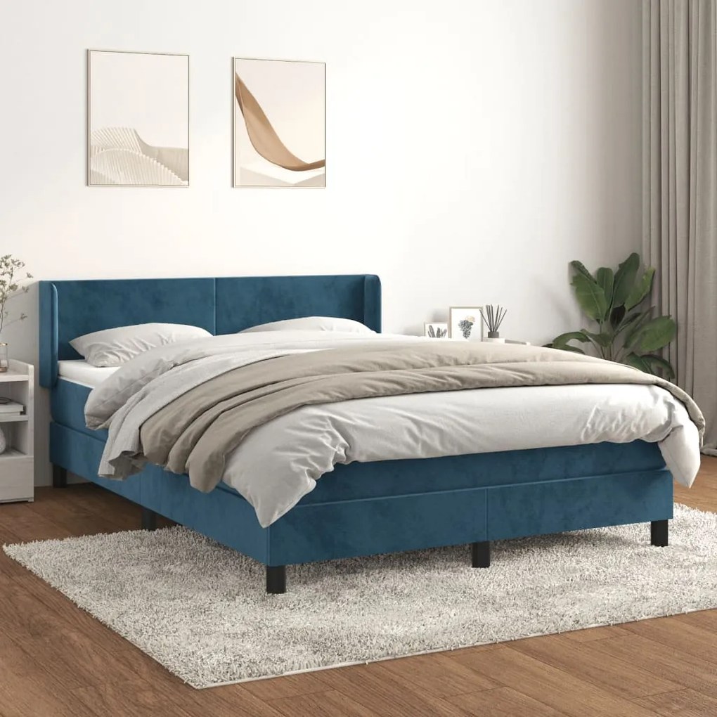 Κρεβάτι Boxspring με Στρώμα Σκούρο Μπλε 140x190 εκ. Βελούδινο